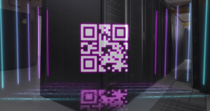 Animation of neon qr code scanner against computer server room
