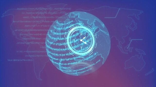 Animation of neon ticking clock over spinning globe and world map against gradient background