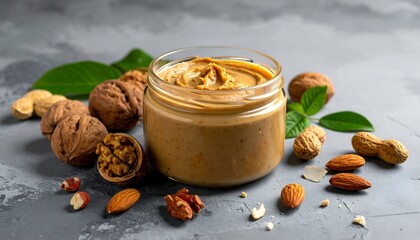 Jar of creamy spread with nuts and greenery, on a grey surface