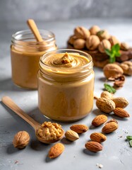 Two jars of creamy spread, nuts, and a wooden spoon