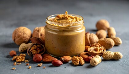 A jar of nut butter surrounded by an assortment of various nuts