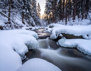 Icy stream flows through snow-covered landscape at dawn