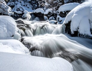 Snow-covered rocks border a rushing, blurred winter stream