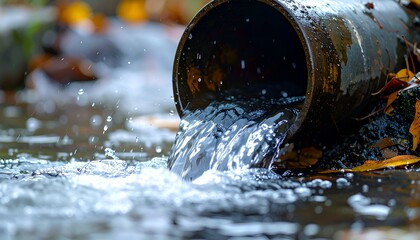Water pours from a rusty pipe into a stream, surrounded by fall foliage