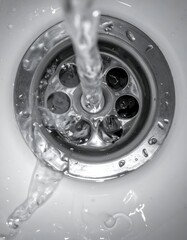 Water pours into a sink drain, circular stainless steel detail