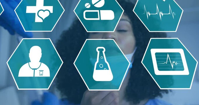 Animation of medical icons in hexagons over doctor taking swab from african american female patient