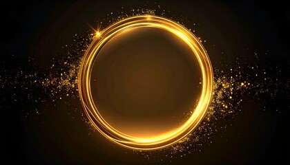 Glowing golden ring with particles, dark background, space for text