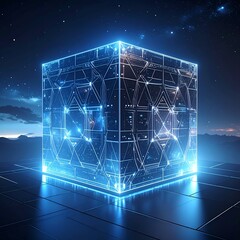 A glowing, futuristic cube with internal circuits floating in space