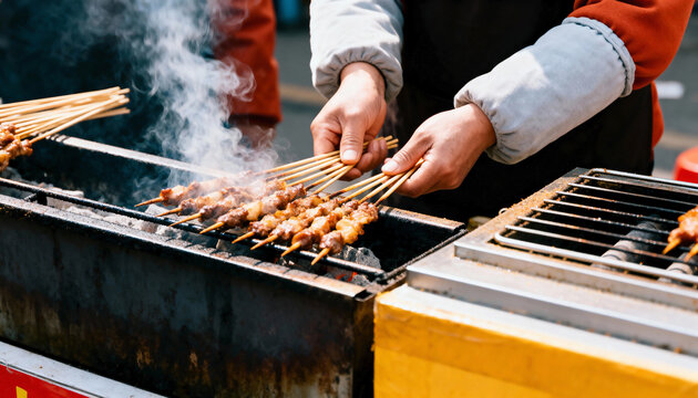 A street food vendor grilling meat skewers on a charcoal barbecue. Close-up of hands cooking traditional Asian kebabs over hot coals with smoke