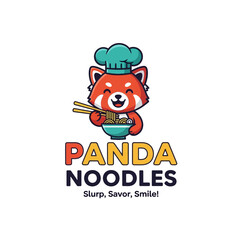 Cute Red Panda Chef Holding Noodles Logo Design.