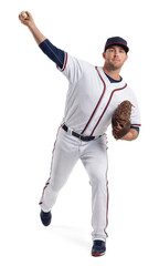 Front view of a baseball pitcher in white and blue uniform throwing a pitch