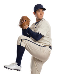 Asian professional baseball player in cream uniform winding up about to throw a ball
