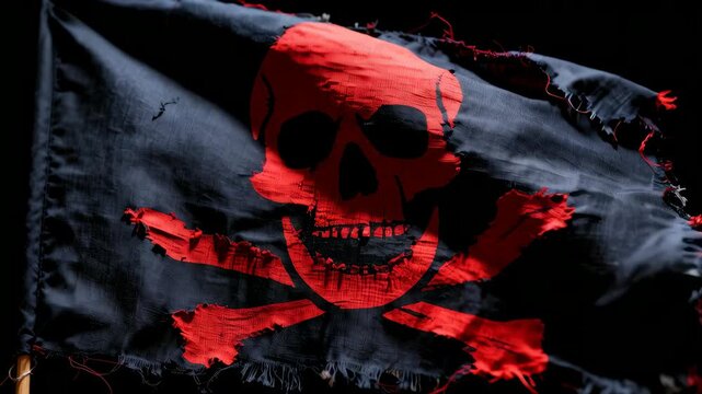Black pirate flag with red skull and crossbones waving dramatically in wind with tattered edges. Jolly Roger symbol in seamless motion. For maritime adventure, danger, and rebellion themes.

