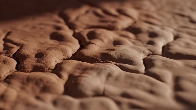 Cracked dry mud texture in an arid desert landscape under warm sunlight.