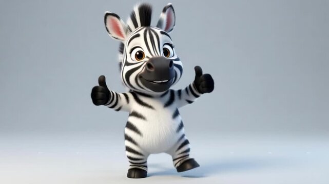 Striped happy zebra character dancing with a thumbs up gesture in a 3D animated style for kids concepts and african wildlife themes.
