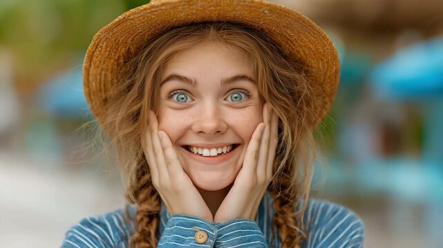 Outdoor trip photo of a surprised woman. A young woman is taken aback by her journey. A girl on a summer vacation gets surprised.