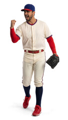Professional baseball player in cream and red uniform standing in celebration pose