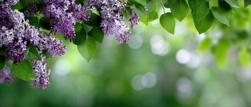 Lilac flowers bloom in close-up view under sunlight in a spring garden with a blurred green background in natural light