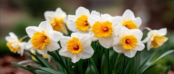 Obraz premium Field of white and yellow daffodils in spring bloom with close-up view and blurred background in a garden setting