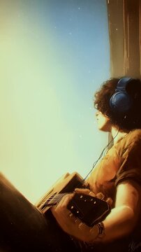 Lofi anime boy playing acoustic guitar by sunny window in relaxed pose. Warm nostalgic aesthetic with soft lighting. For music content, study ambiance, and chill lifestyle visuals.
