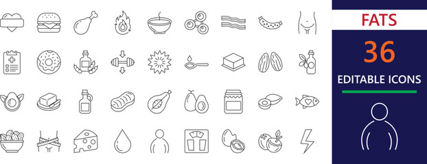 Minimalist stroke icon set featuring healthy fats, oils, cardiology, obesity, plan, and keto, weight, nutrition symbols for healthcare and food industry designs.