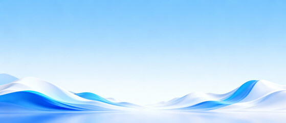 Abstract blue wave landscape with soft gradients and flowing shapes under a clear sky