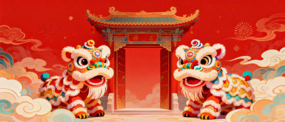 Two colorful lion dance figures in front of a traditional Chinese gate with red background and clouds