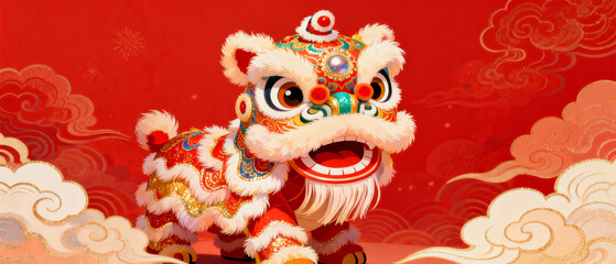 Illustrated Chinese lion dance figure with traditional decorations on a red background featuring clouds