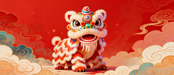 Colorful lion dance costume with traditional Chinese design on a red background featuring clouds