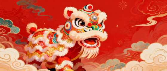 Colorful traditional Chinese lion dance costume against a red background with clouds and decorative patterns