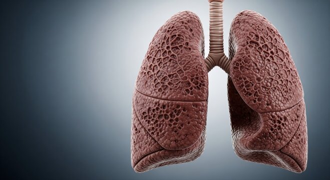 Lungs pathology render illustration depicting pulmonary fibrosis progression, fibrotic tissue texture and structural damage, advanced medical science visualization, clean clinical aesthetic