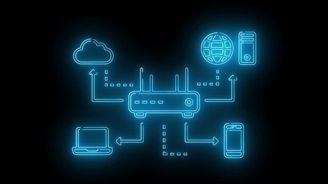 Glowing blue illustration of a router connected to various devices and a cloud on a black background with neon-like lines and dots.