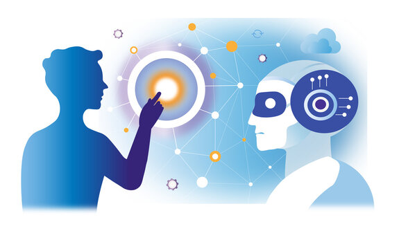 Illustration of a human interacting with an artificial intelligence interface, symbolizing collaboration between human intelligence and advanced digital technology.