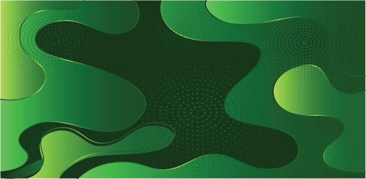 Fluid gradient shapes and dots on black background, vibrant green abstract liquid design vector illustration