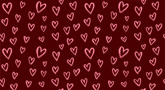 Seamless pattern background with hand drawn pink hearts on dark red texture