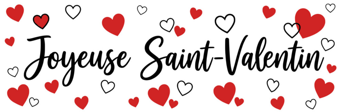 Joyeuse St Valentin handwritten black calligraphy text with red hand drawn hearts