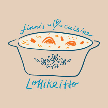 Finnish Lohikeitto seafood soup lettering cooking concept in a trendy minimalistic Scandinavian childish dry brush style. Vector illustration. Isolated fish and vegetables, greens, milk cream