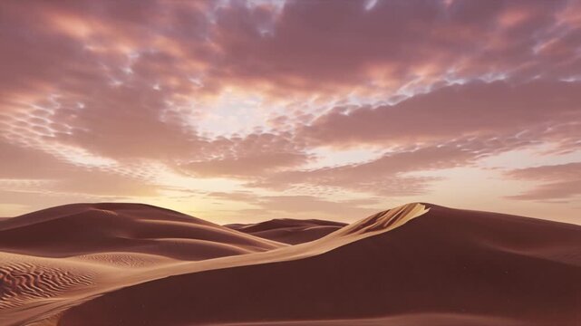4K cinematic video, surreal desert landscape, giant sand dunes slowly rising sky, sunlight shadows bending impossible angles, golden hour lighting pink orange hues, drifting sand particles defying