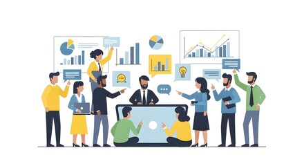 A diverse group of business professionals collaborating and analyzing data