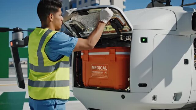 In a vibrant city landscape, a dedicated worker retrieves essential medical supplies from a drone on a rooftop, ensuring timely access to critical care. Precision and urgency define the moment.