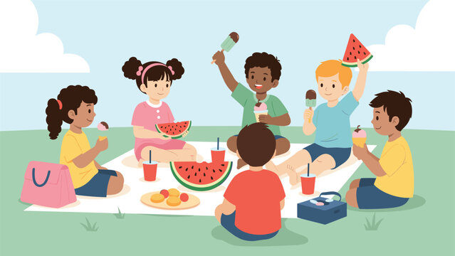 Diverse group of happy children enjoying a summer picnic in the park, eating watermelon, ice cream, and having fun together.