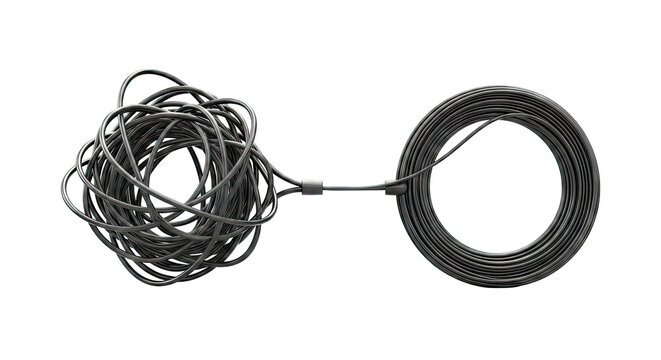 Tangled and coiled black cable on a white background