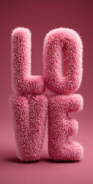 Pink furry text "LOVE" on a pure pink background, in a minimalist style.