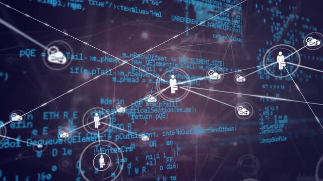 Animation of network of connections with people icons with data processing