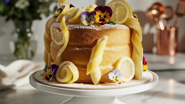Watch as a beautiful cake comes to life with vibrant fruits and edible flowers in a bright kitchen. Feel the joy of creativity in every layer of sweetness.