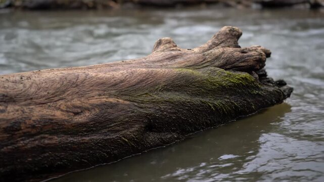 Log in River Footage Video, Close-up of Weathered Wood, Nature, Water Environment, Low Angle View