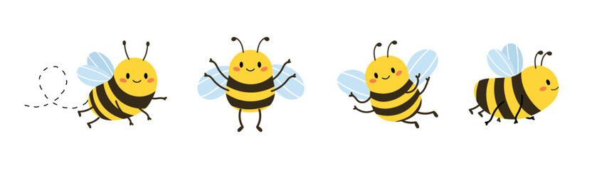 Cute bees set with smiling honey bee in different poses. Adorable insects for spring and summer designs. Vector illustration isolated on white background. © Hanna Bykova