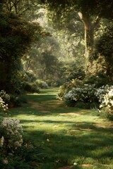 Lush garden path leading through green serene nature