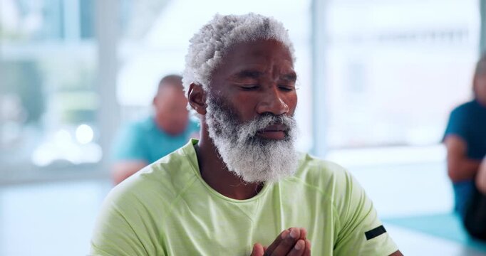 Senior man, breathing and zen with meditation in class for yoga, spiritual wellness or mindfulness. Elderly, male person or session with inner peace for awareness, chakra or mudra in health club
