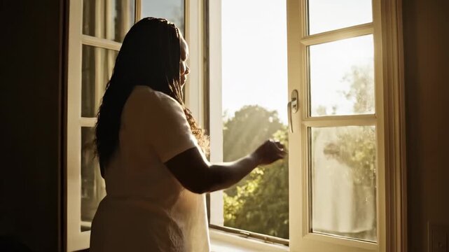 Golden rays dance through dust as a woman opens the window, letting in fresh air. She embraces the calm and beauty of a peaceful morning.